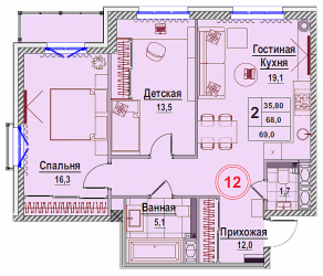 Двухкомнатная квартира 68.49 м²