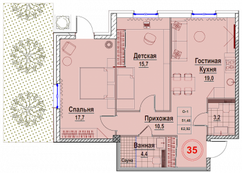 Двухкомнатная квартира 62.69 м²