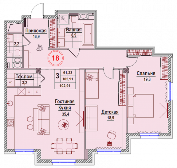 Двухкомнатная квартира 104.44 м²