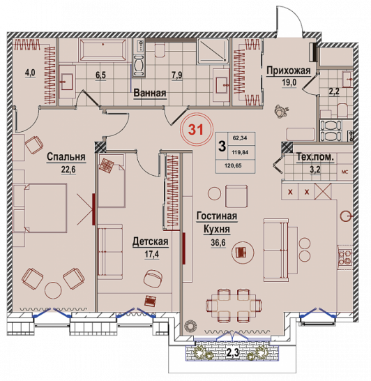 Двухкомнатная квартира 120.39 м²