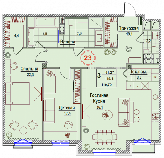 Двухкомнатная квартира 119.58 м²