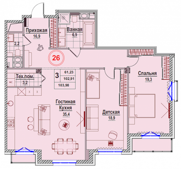 Двухкомнатная квартира 105.88 м²